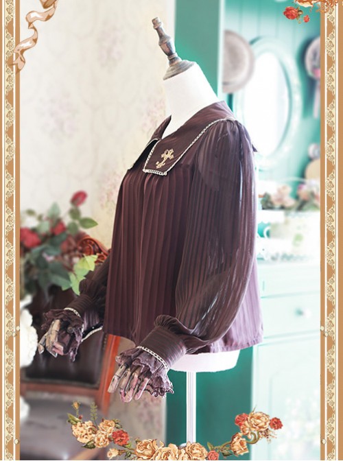 Coffee Color Crucifix Chiffon Embroidery Square Neckline Lolita Long Sleeve Shirt