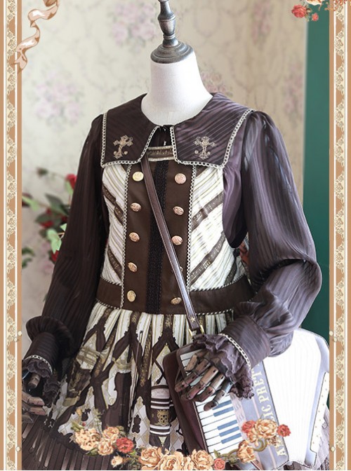 Coffee Color Crucifix Chiffon Embroidery Square Neckline Lolita Long Sleeve Shirt