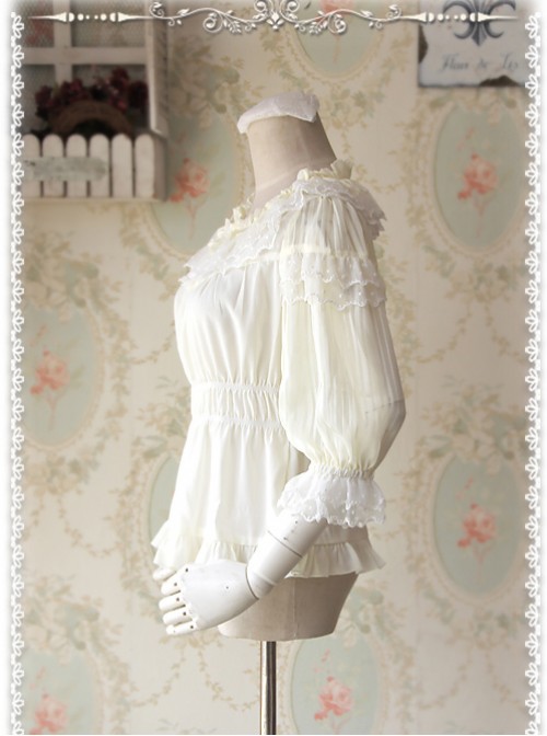 Glass Stripe Big Bubble Sleeve Lolita Milky White Half Sleeves Shirt