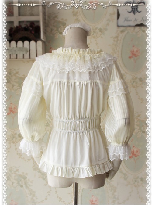 Glass Stripe Big Bubble Sleeve Lolita Milky White Half Sleeves Shirt