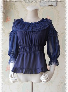 Glass Stripe Big Bubble Sleeve Lolita Deep Blue Half Sleeves Shirt