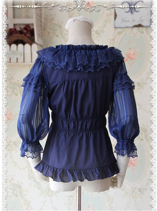 Glass Stripe Big Bubble Sleeve Lolita Deep Blue Half Sleeves Shirt