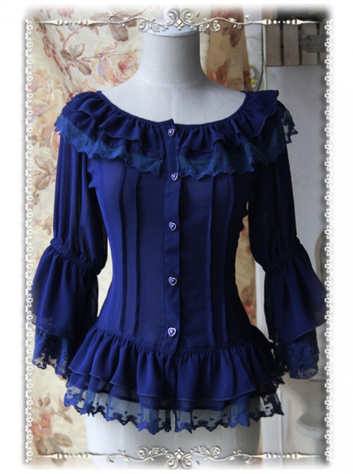 Daily Version Fairy Dance Series Deep Blue Small Trumpet Sleeves Lolita Shirt