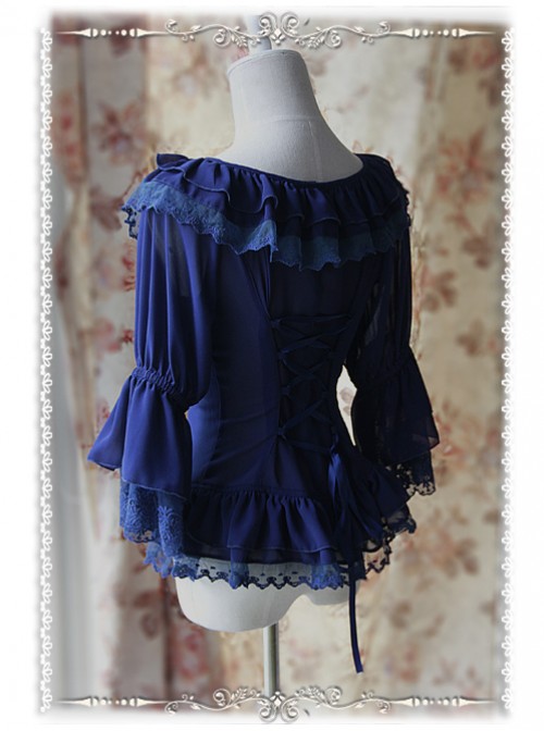 Daily Version Fairy Dance Series Deep Blue Small Trumpet Sleeves Lolita Shirt