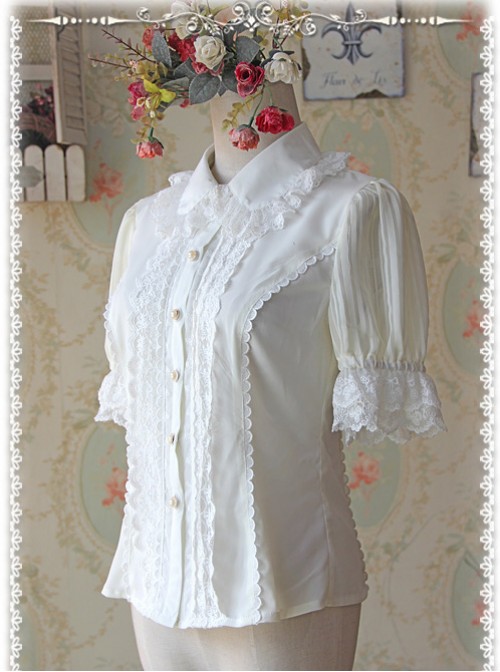 Milky White Elegance Lace Glass Stripes Short Sleeve Lolita Shirt