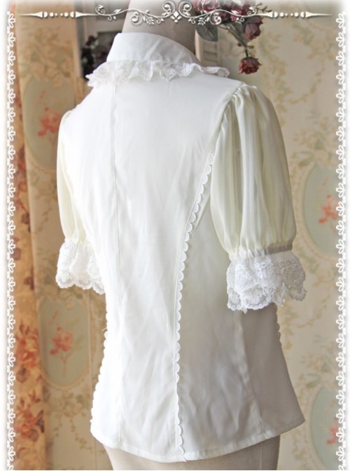 Milky White Elegance Lace Glass Stripes Short Sleeve Lolita Shirt