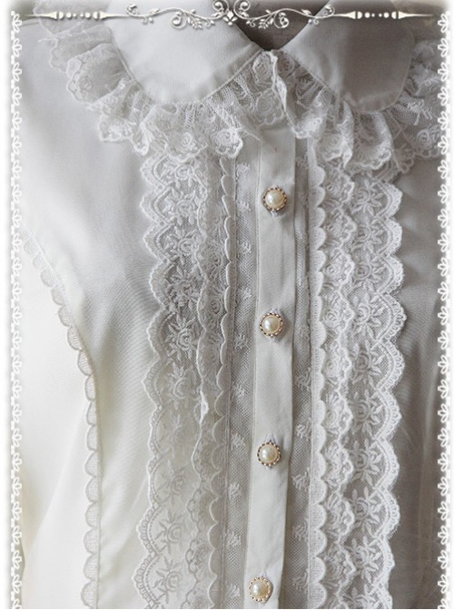 Milky White Elegance Lace Glass Stripes Short Sleeve Lolita Shirt