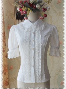 White Elegance Lace Glass Stripes Short Sleeve Lolita Shirt