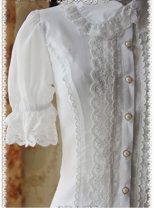 White Elegance Lace Glass Stripes Short Sleeve Lolita Shirt
