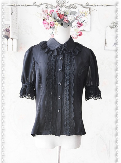 Black Elegance Lace Glass Stripes Short Sleeve Lolita Shirt