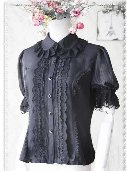 Black Elegance Lace Glass Stripes Short Sleeve Lolita Shirt