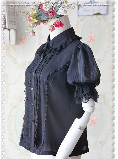 Black Elegance Lace Glass Stripes Short Sleeve Lolita Shirt