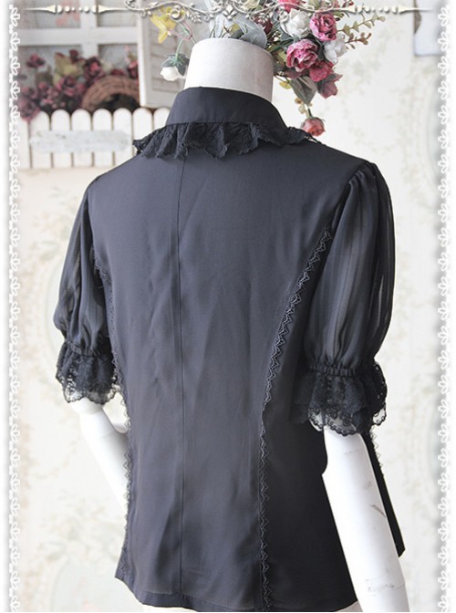 Black Elegance Lace Glass Stripes Short Sleeve Lolita Shirt