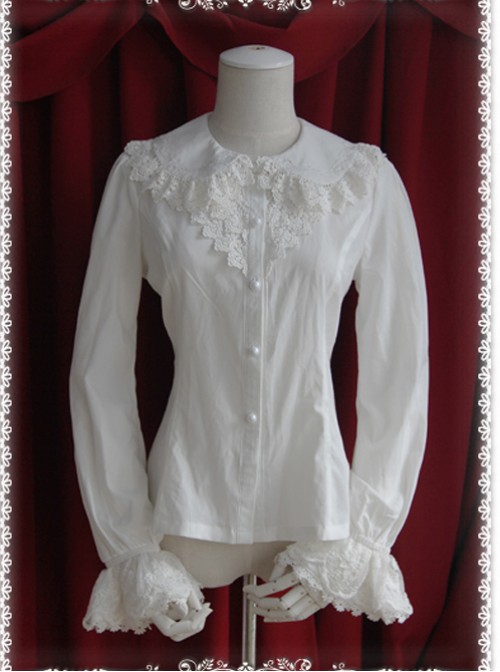 Thickened Chiffon Creamy-white Lace Long Sleeve Lolita Shirt