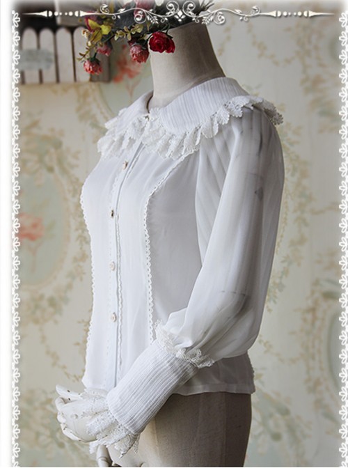 Infanta The Roses Funeral Series White Chiffon Glass Stripes Lolita Long Sleeve Shirt