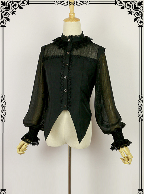 Halloween Black Little Standing Collar Lace Lolita Long Sleeve Shirt