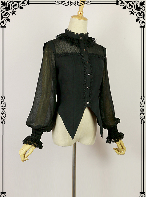 Halloween Black Little Standing Collar Lace Lolita Long Sleeve Shirt