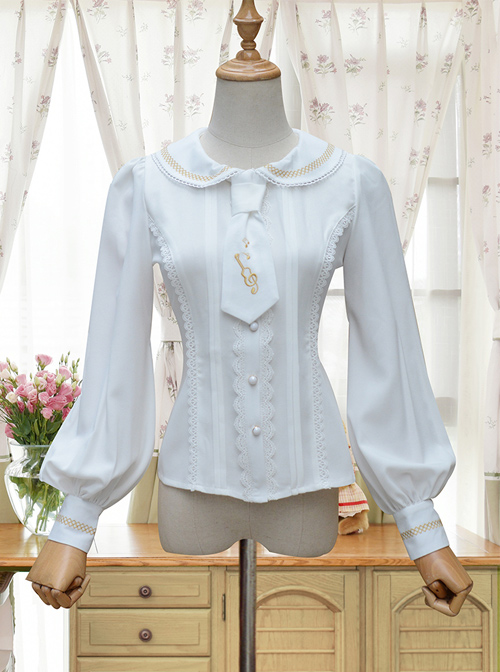 Round Collar White Embroidered Slim Lolita Long Sleeve Shirt