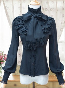 Retro Stand Collar Bowknot Tie Lolita Lantern Sleeve Shirt