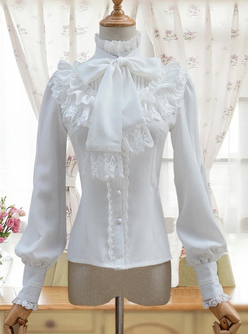 Retro Stand Collar Bowknot Tie Lolita Lantern Sleeve Shirt