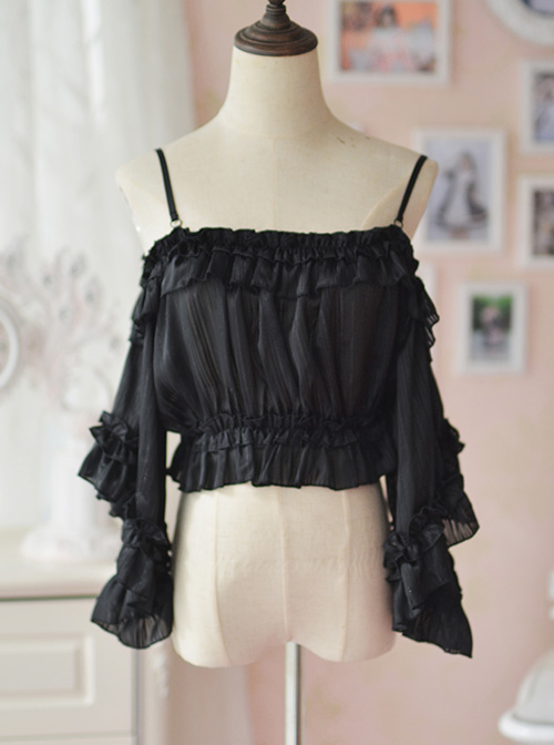 Silver-silk Chiffon Ruffle Flare Sleeve Off-shoulder Lolita Shirt