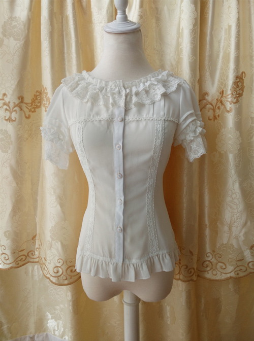 Chiffon Lace Ruffle Round Collar Slim Lolita Shirt