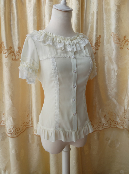 Chiffon Lace Ruffle Round Collar Slim Lolita Shirt