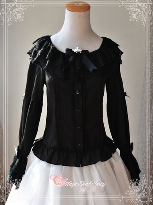 Magic Tea Party Musical Song Series Black Lace Chiffon Lolita Shirt