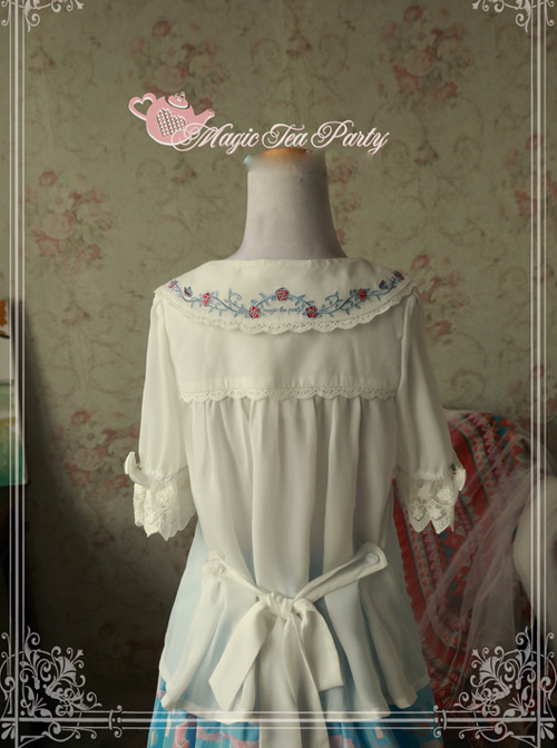 Magic Tea Party Rose Tea Party Series White Chiffon Embroidery Short Sleeve Lolita Shirt