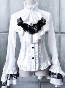 White Trumpet Sleeves Flounced Collar Slim Black Lace Gothic Lolita Shirt