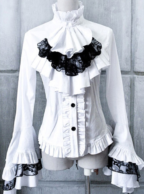 White Trumpet Sleeves Flounced Collar Slim Black Lace Gothic Lolita Shirt
