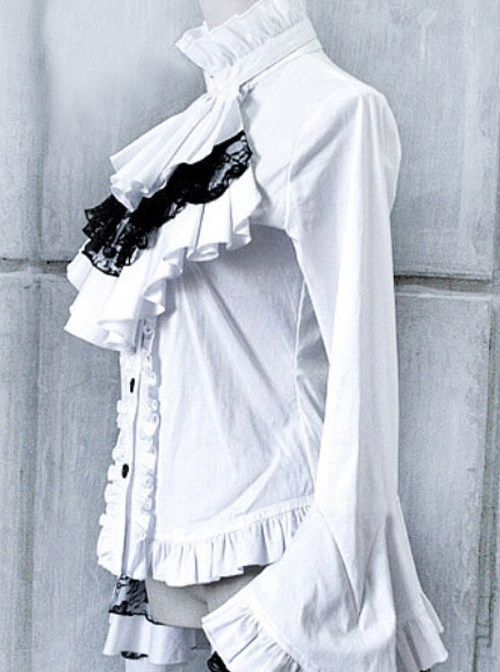 White Trumpet Sleeves Flounced Collar Slim Black Lace Gothic Lolita Shirt