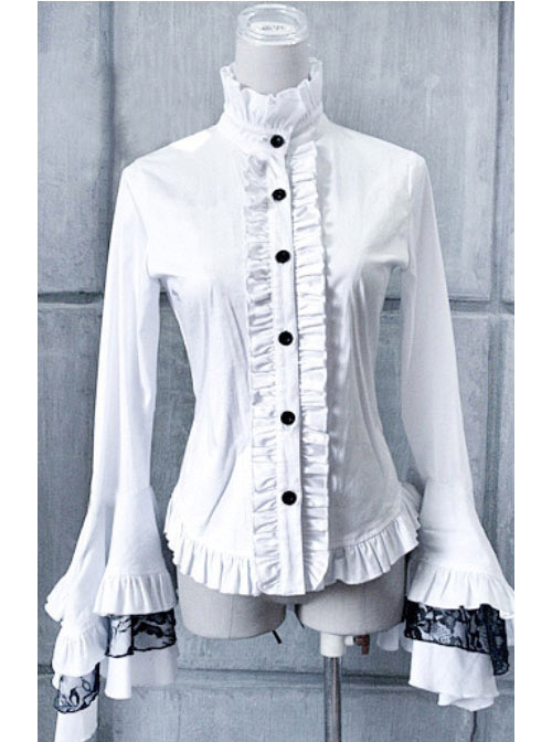 White Trumpet Sleeves Flounced Collar Slim Black Lace Gothic Lolita Shirt