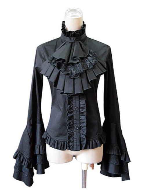 White Trumpet Sleeves Flounced Collar Slim Black Lace Gothic Lolita Shirt