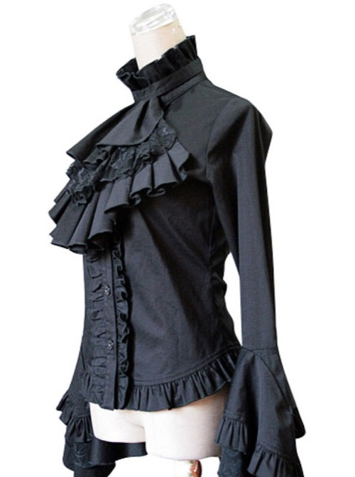 White Trumpet Sleeves Flounced Collar Slim Black Lace Gothic Lolita Shirt