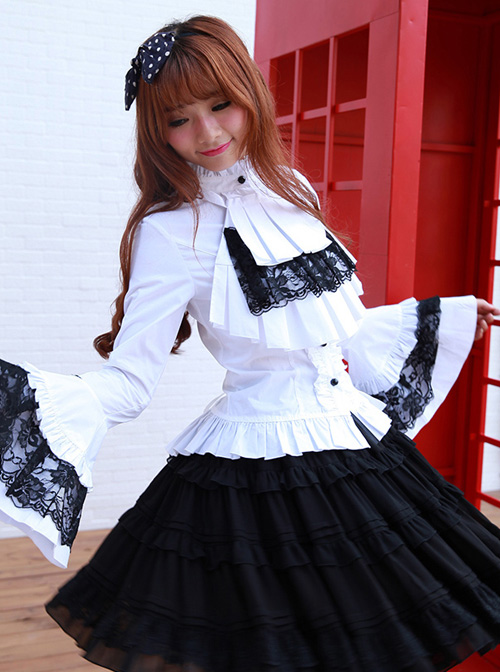 White Trumpet Sleeves Flounced Collar Slim Black Lace Gothic Lolita Shirt