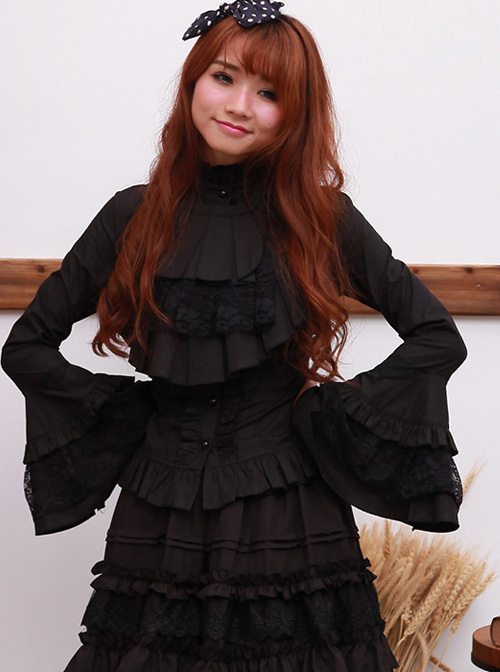 White Trumpet Sleeves Flounced Collar Slim Black Lace Gothic Lolita Shirt