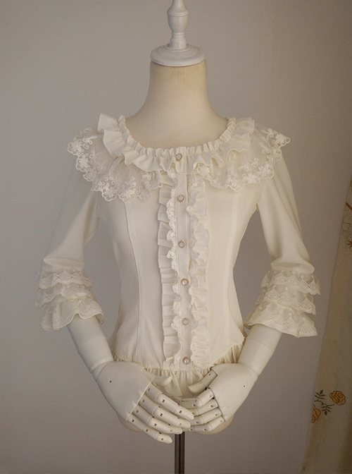 White Chiffon Ruffles Classic Lolita Seven-quarter Sleeve Shirt