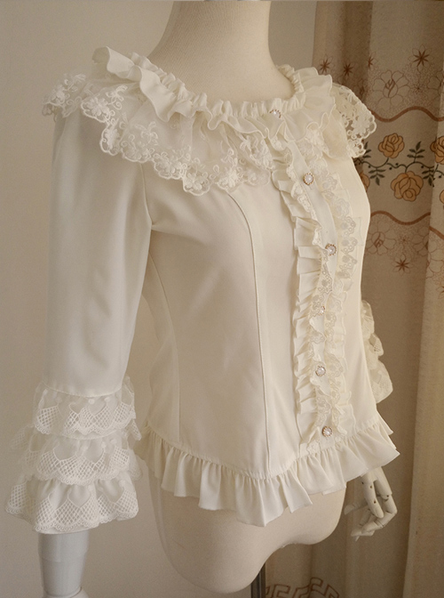 White Chiffon Ruffles Classic Lolita Seven-quarter Sleeve Shirt