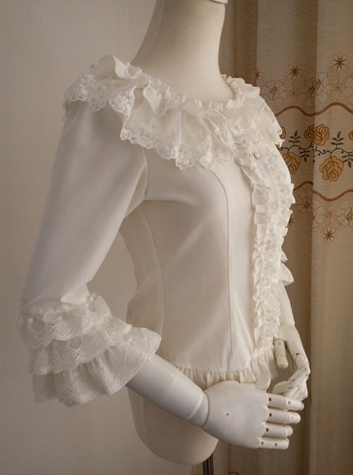 White Chiffon Ruffles Classic Lolita Seven-quarter Sleeve Shirt