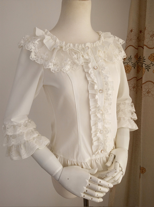 White Chiffon Ruffles Classic Lolita Seven-quarter Sleeve Shirt