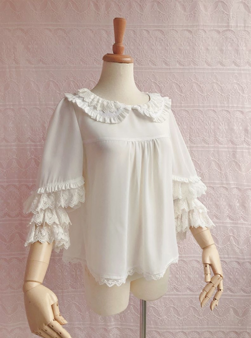 Cute Chiffon Ruffle Doll Collar Lolita Nine Quarter Sleeve Shirt