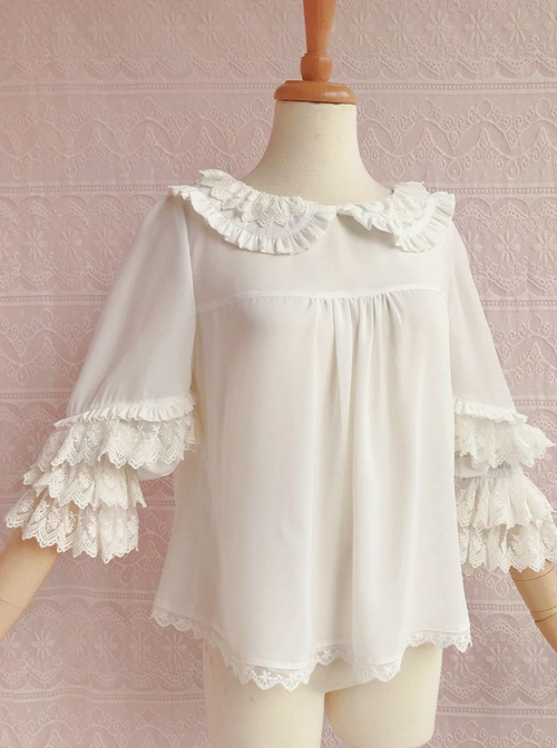 Cute Chiffon Ruffle Doll Collar Lolita Nine Quarter Sleeve Shirt