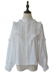 White Retro Ruffle Little Stand Collar Long Sleeve Classic Lolita Shirt