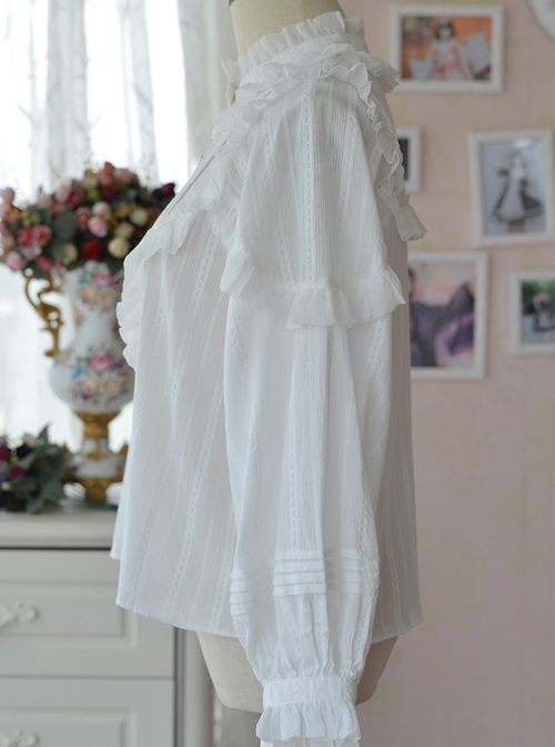 White Retro Ruffle Little Stand Collar Long Sleeve Classic Lolita Shirt