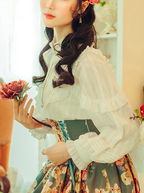 White Retro Ruffle Little Stand Collar Long Sleeve Classic Lolita Shirt