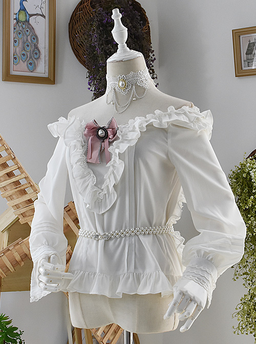 White Off Shoulder Ruffles Classic Lolita Long Sleeve Shirt