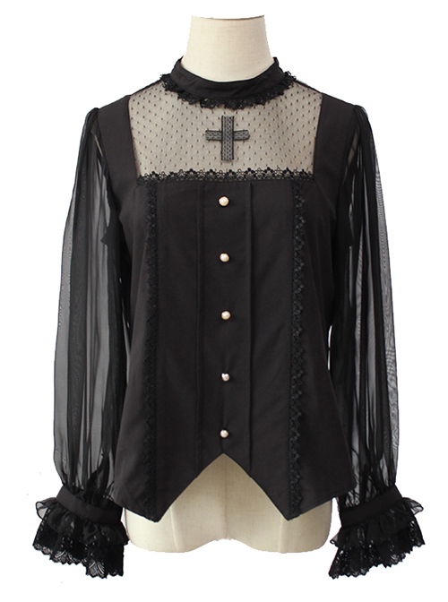 Simple And Elegant Dark Cross Lace Gothic Lolita Ruffle Standing Collar Shirt