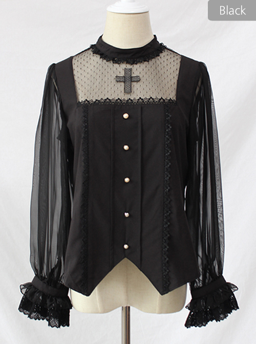 Simple And Elegant Dark Cross Lace Gothic Lolita Ruffle Standing Collar Shirt