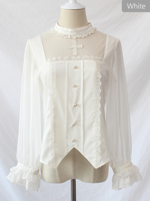 Simple And Elegant Dark Cross Lace Gothic Lolita Ruffle Standing Collar Shirt